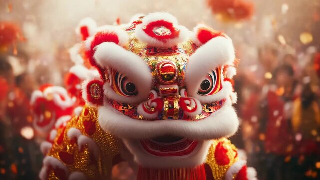 Lion dance costume red and gold vibrant colors traditional cultural celebration festival performance ornate design festive atmosphere glowing sparks crowd background Asian heritage decorative fur