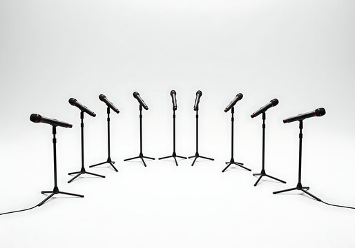 A semicircle of microphones on stands, arranged for a panel discussion or press conference.