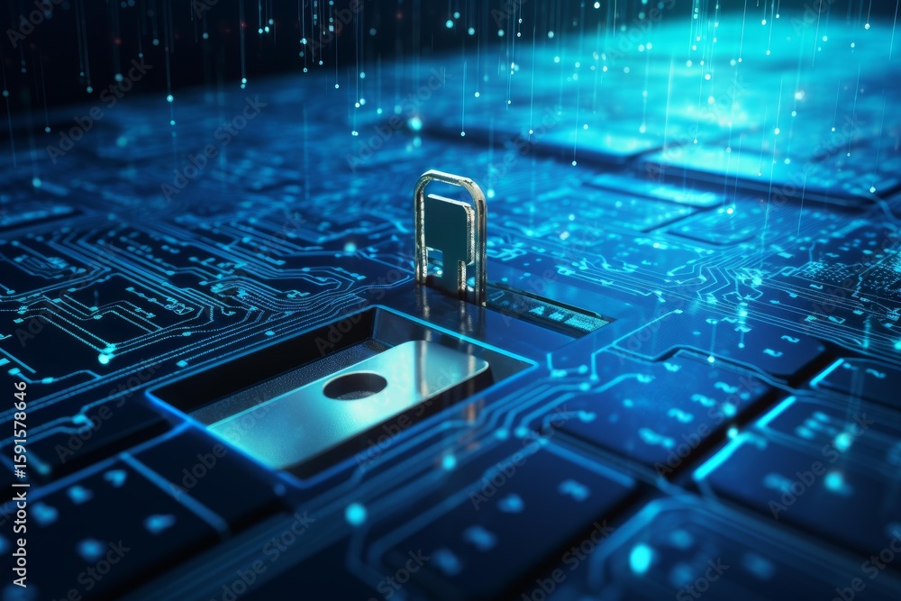 Aufkleber metallic padlock securing microchip on blue circuit board, symbolizing cybersecurity and data protec