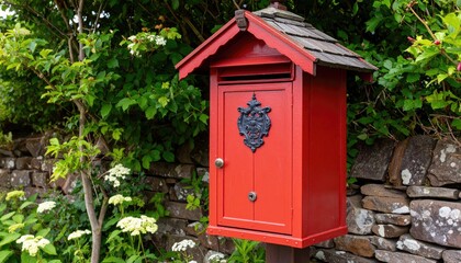 Red post box nestled in garden