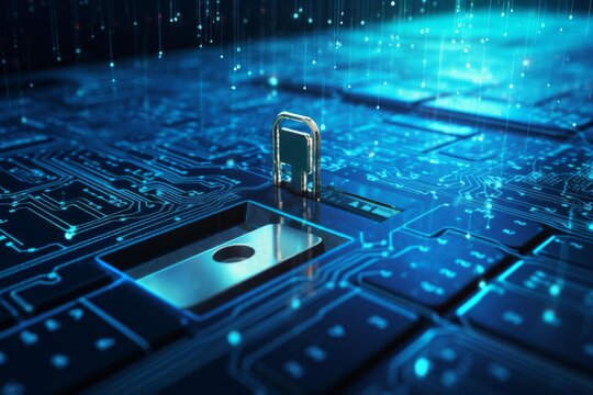 Metallic padlock securing microchip on blue circuit board, symbolizing cybersecurity and data protection in digital age - Powered by Adobe