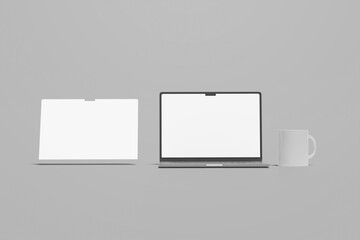 Modern laptop mockup front view and high quality. Isolated on a white White empty coffee mug template, isolated on white background

