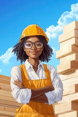 Young Black female worker excels in teamwork and strength while stacking lumber outdoors