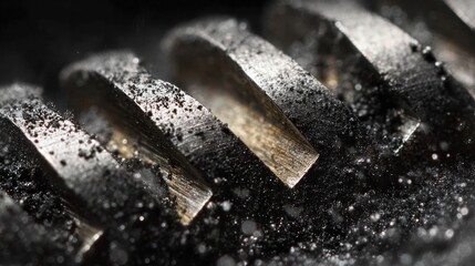 Close-up of metallic gears, covered in grime