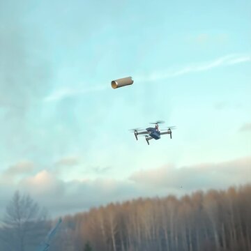 Hunter man using drone to release shotgun shell in outdoor setting  