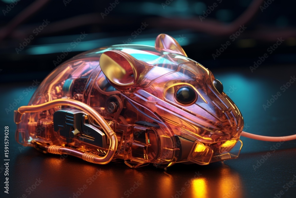Poster transparent robotic mouse with glowing internal components resting on a dark surface, showcasing int