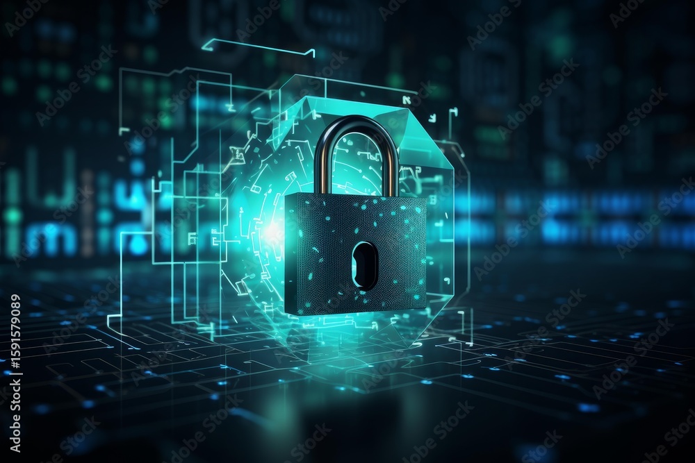 Poster secure lock symbolizing cybersecurity and data protection in a virtual environment