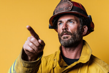 Skilled firefighter in protective gear points toward a goal while standing against a bright yellow background, showcasing determination and readiness for action