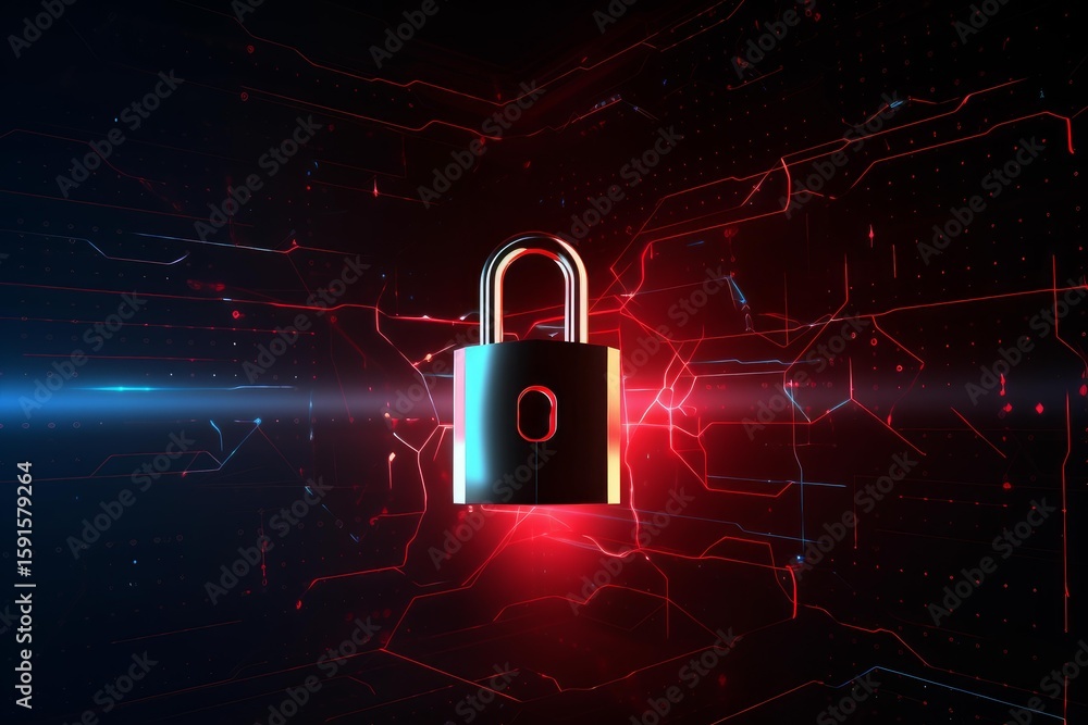 Aufkleber closed padlock securing futuristic digital data network with glowing red and blue lines