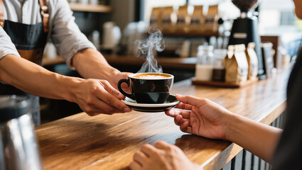 A barista's offering of aromatic coffee, capturing the interaction within a cozy cafe environment.