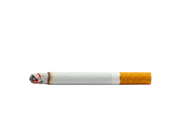 A new, lit white cigarette with orange filter, vibrant red ember, and translucent light grey smoke, centered on a clean white background with copy space. Concept of smoking and addiction