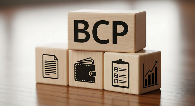 Business continuity planning bcp concept illustrated with wooden blocks and icons