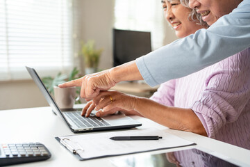 Lovely senior couple relax in living room enjoying retirement and free time browsing on laptop. Older generation and wireless technology users concept.