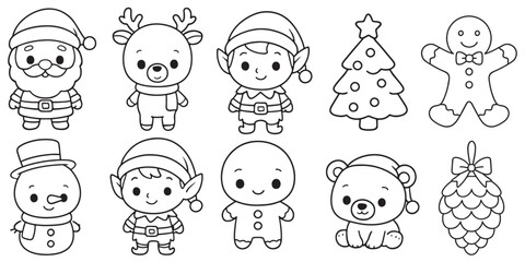 Festive holiday characters and ornaments Santa Claus reindeer coloring page