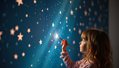 Young girl painting stars on a blue wall with a brush, creating a magical atmosphere in her room