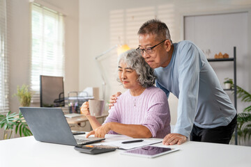 Senior Spouses enjoying retirement and free time browsing on laptop  At Home. Older Couple Browsing...