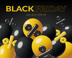 Black Friday sale banner design with balloons and inflated percentage signs on dark background. Vector illustration.