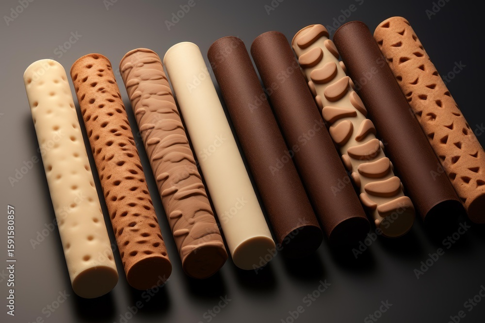Poster chocolate bars with various textures and colors lying on a dark background, creating an appealing vi