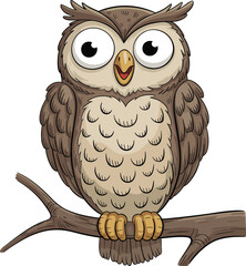 Cute cartoon brown owl sitting on tree branch, big eyes, funny feathers, forest bird illustration, wildlife animal art, nature drawing