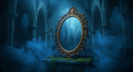 Standing Mirror in Gothic Architecture with Mysterious Atmosphere