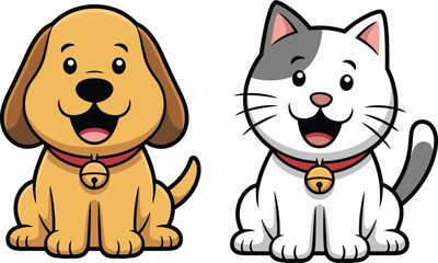 PrintCute cartoon dog and cat illustration, happy pets, adorable animal vector, pet lovers graphic, smiling puppy kitty art design © Ideasy Mind