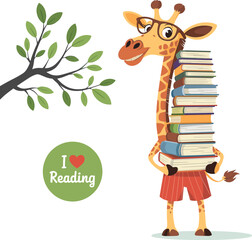 PrintCute cartoon giraffe, wearing glasses, holding books, reading theme, children’s education, jungle background, playful illustration, I love reading © Ideasy Mind