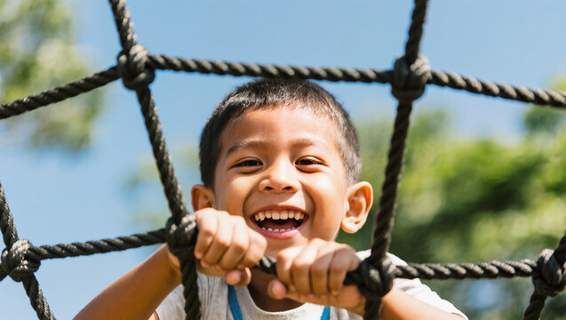 A joyful child beams with delight as he climbs on a climbing net under a clear blue sky, captured in a medium shot.