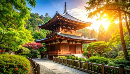 Serene Asian temple in a vibrant garden bathed in sunlight