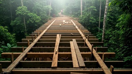 Wooden stairs construction in a misty tropical forest, showing tools and progress with steps leading up a long path.