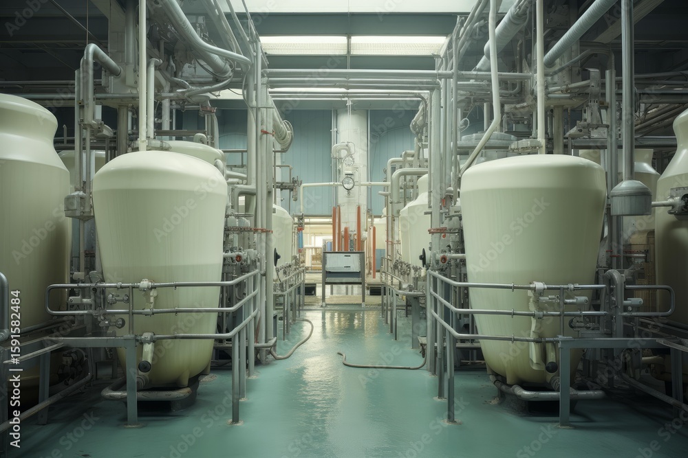 Poster rows of large white water storage tanks and complex piping systems are processing and storing purifi