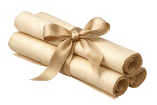 Vintage parchment scrolls bound with delicate beige ribbon, symbolizing scholarly wisdom against clean backdrop