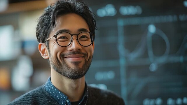 Smiling Scientist: A focused individual, wearing glasses, exudes confidence, appearing against the backdrop of complex scientific notation.