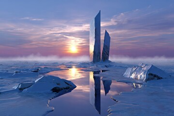 Reflective monoliths standing in a frozen arctic landscape with mist at sunset.