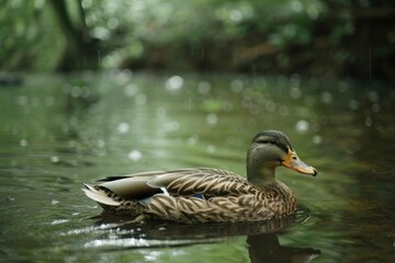 Obraz premium Female mallard enjoying a refreshing swim in a pond during a gentle rainfall