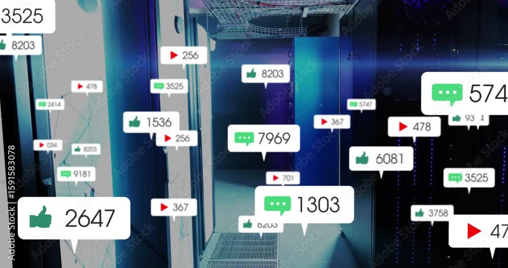 Aufkleber green comment bubble appearing by panel causing metrics swarming server corridor showing engagement