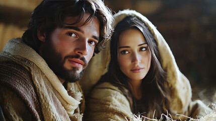 Mary and Joseph sit beside a manger in Bethlehem. They are surrounded by hay and animals, depicting the biblical story of the birth of Jesus Christ.