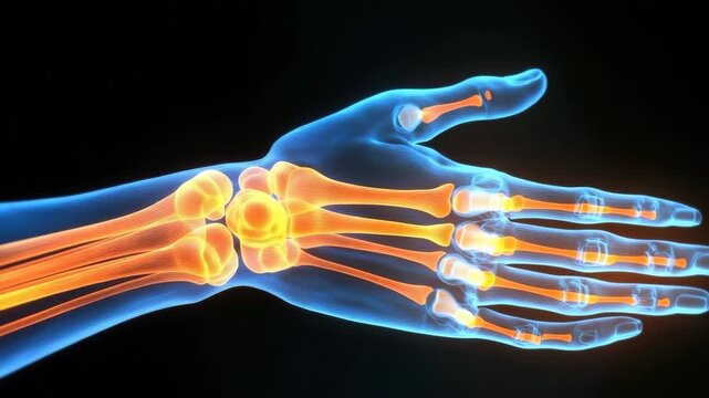 X ray view of hand bone skeleton with glowing orange and blue colors showing detailed joint anatomy wrist phalanges skeletal structure medical illustration vibrant colors black background detailed