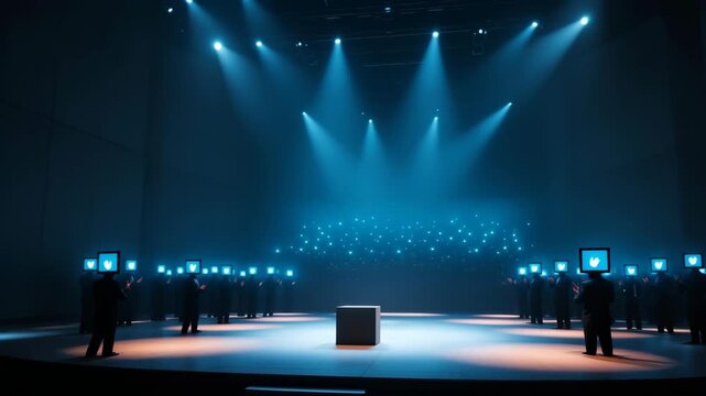 Figures with monitor heads on stage under blue spotlights.