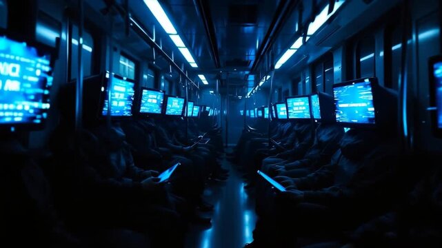 Subway commuters with screens for heads display error messages.