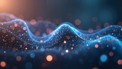 Abstract digital waves with glowing particles in blue and orange colors representing technology concept
