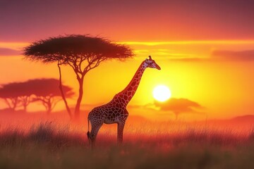 Obraz premium Majestic Giraffe Silhouette Against Vibrant Sunset in Serene African Savanna Landscape Scene