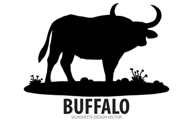 A cartoon vector silhouette illustration of a Buffalo on the grass , symbolizing farm animal nature
