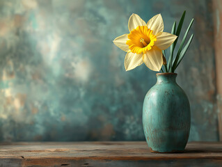 Single Daffodil in a Vase with Rustic Backdrop © Abdul