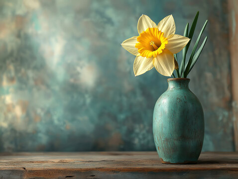 Single Daffodil in a Vase with Rustic Backdrop