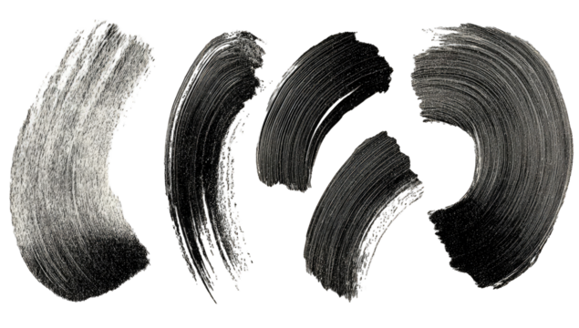 Five grayscale abstract shapes resembling stylized brushstrokes, arc-like, varying in shade and opacity, set against a black background