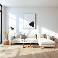 refined japandi interior with modular off-white sofa, striking black and white geometric artwork, organic materials and scandinavian inspired wood details in a calm setting