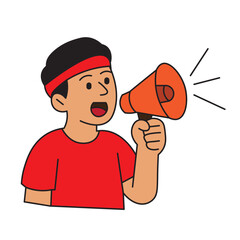 Illustration of a boy with a red headband speaking through a megaphone. Represents motivation, leadership, communication, and youth activism. Ideal for campaign, protest, or school activities.