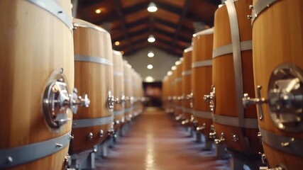 Wooden fermentation tanks in winery cellar with warm lighting create cozy rustic atmosphere for wine production and aging, featuring metal fittings and rows of barrels in cellar room - Powered by Adobe