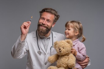 Smiling male doctor holding a syringe with a happy little girl holding a teddy bear against a gray background. Medical and Healthcare.