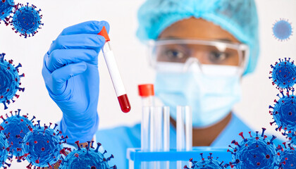 Scientist Holding COVID-19 Blood Sample Test Tube with Virus Illustration AI-generated